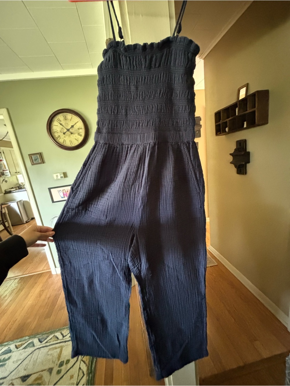 Smocked Navy Wide-Leg Jumpsuit
